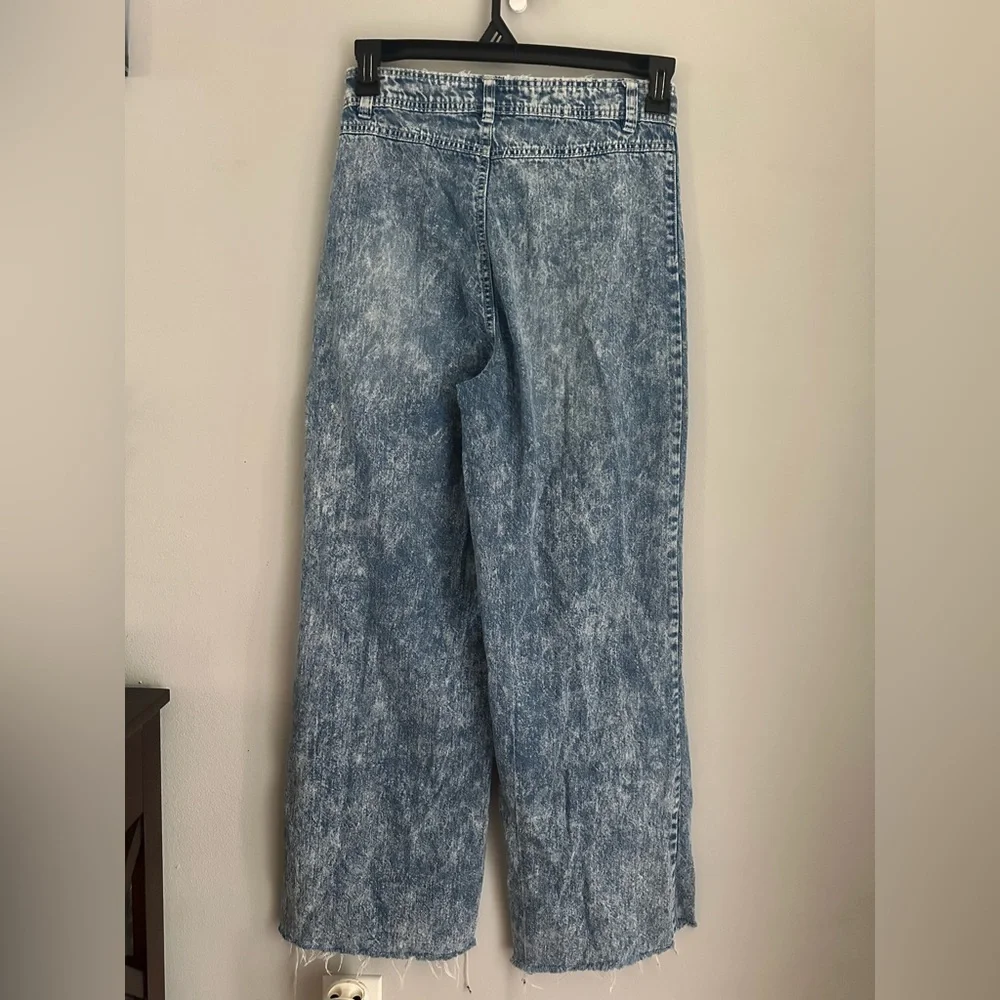 INDIGO REIN Women High-Rise Wide Leg Acid Wash Distressed Jeans Patch Pockets 7